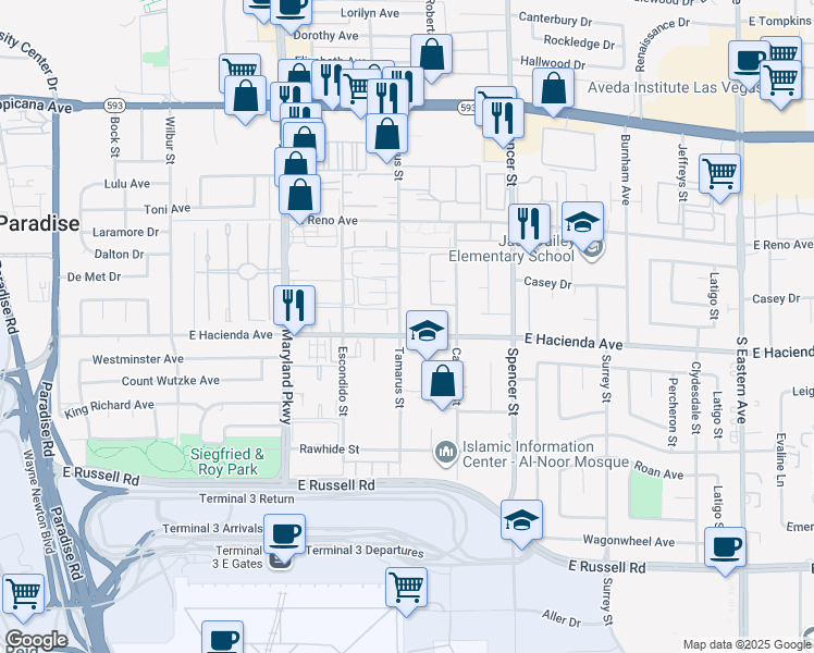 map of restaurants, bars, coffee shops, grocery stores, and more near 1442 Tamarus Street in Las Vegas