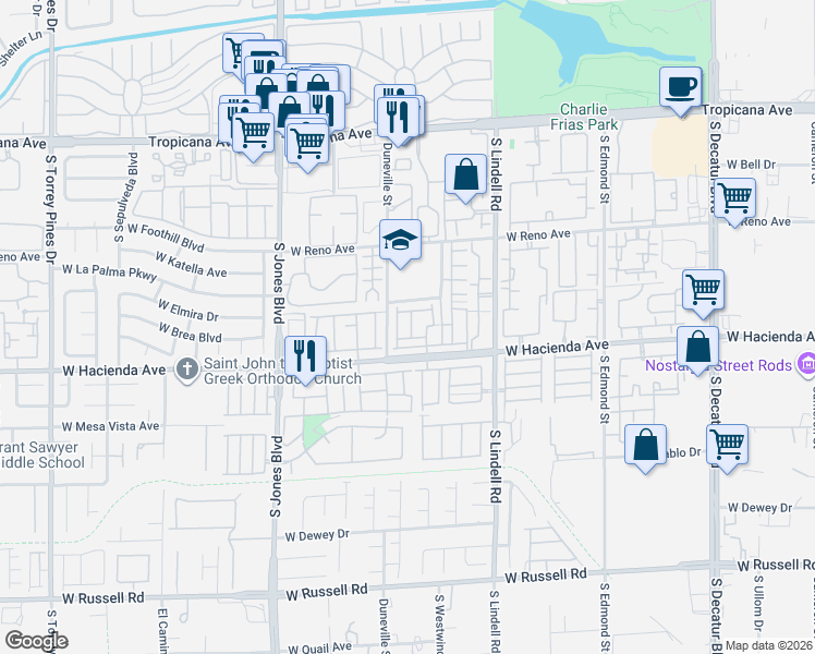 map of restaurants, bars, coffee shops, grocery stores, and more near 5706 Wind Dancer Drive in Las Vegas