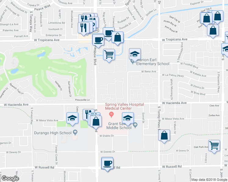 map of restaurants, bars, coffee shops, grocery stores, and more near 5250 South Rainbow Boulevard in Las Vegas