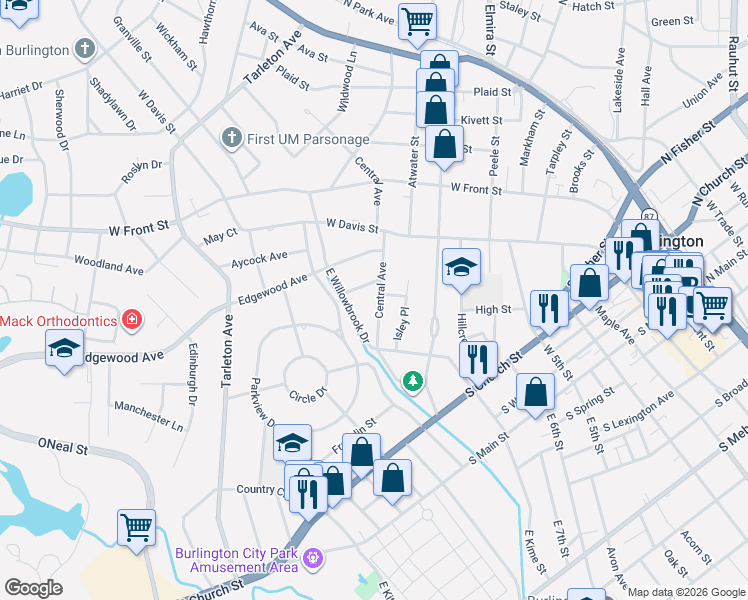 map of restaurants, bars, coffee shops, grocery stores, and more near 545 Central Avenue in Burlington