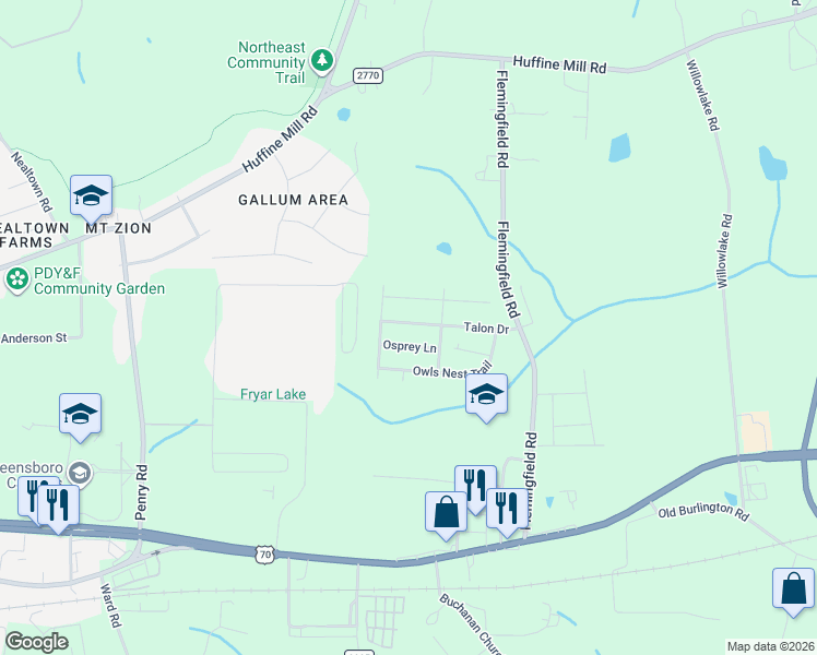 map of restaurants, bars, coffee shops, grocery stores, and more near 2208 Wise Owl Drive in McLeansville