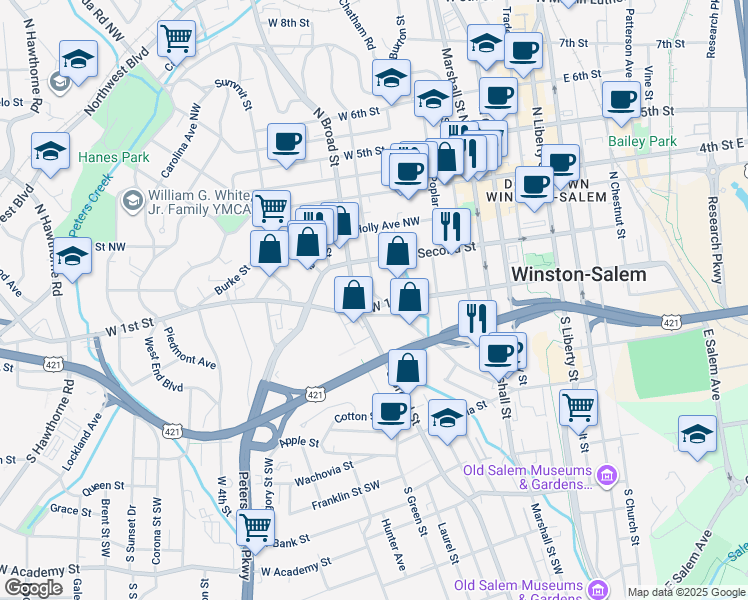 map of restaurants, bars, coffee shops, grocery stores, and more near 124 Shady Boulevard Northwest in Winston-Salem