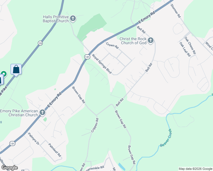 map of restaurants, bars, coffee shops, grocery stores, and more near 7317 Royal Springs Boulevard in Knoxville