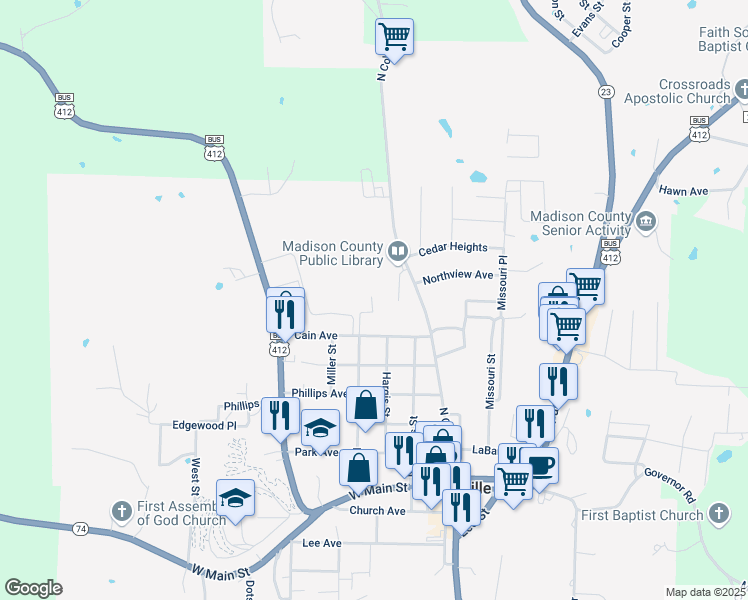 map of restaurants, bars, coffee shops, grocery stores, and more near 740 Polk Street in Huntsville