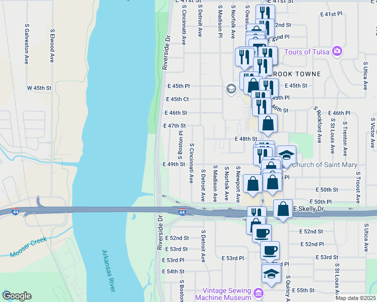 map of restaurants, bars, coffee shops, grocery stores, and more near 4732 South Cincinnati Avenue in Tulsa