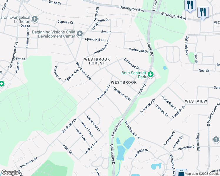 map of restaurants, bars, coffee shops, grocery stores, and more near 1207 Candlewood Drive in Elon