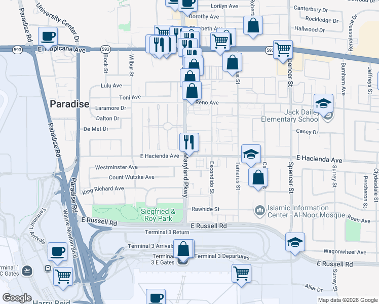 map of restaurants, bars, coffee shops, grocery stores, and more near 5238 Garden Lane in Las Vegas