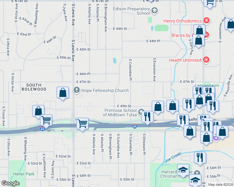 map of restaurants, bars, coffee shops, grocery stores, and more near 4665 South Columbia Avenue in Tulsa