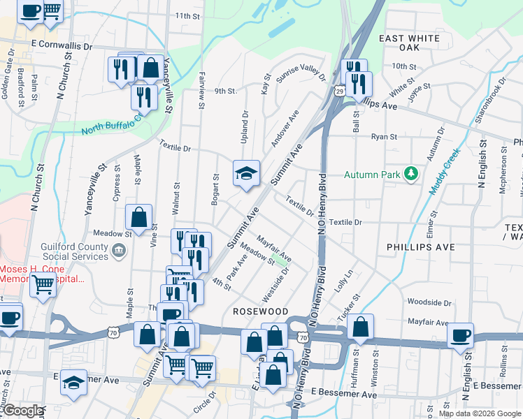 map of restaurants, bars, coffee shops, grocery stores, and more near 1401 Summit Avenue in Greensboro