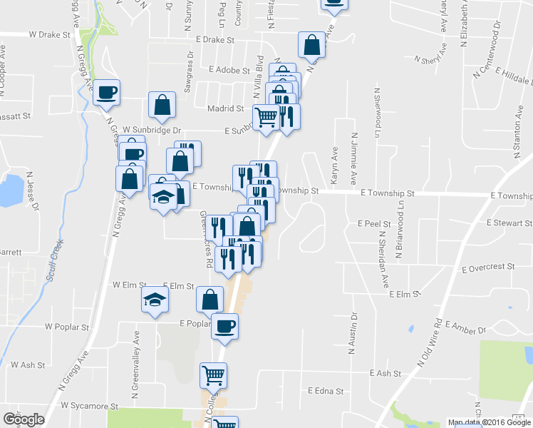 map of restaurants, bars, coffee shops, grocery stores, and more near 2356 College Avenue in Fayetteville