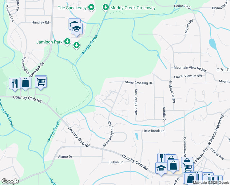 map of restaurants, bars, coffee shops, grocery stores, and more near 570 Stonebridge Drive Northwest in Winston-Salem