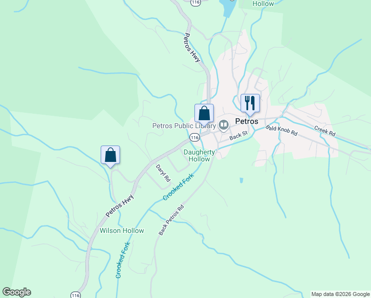 map of restaurants, bars, coffee shops, grocery stores, and more near 9417 Tennessee 116 in Petros