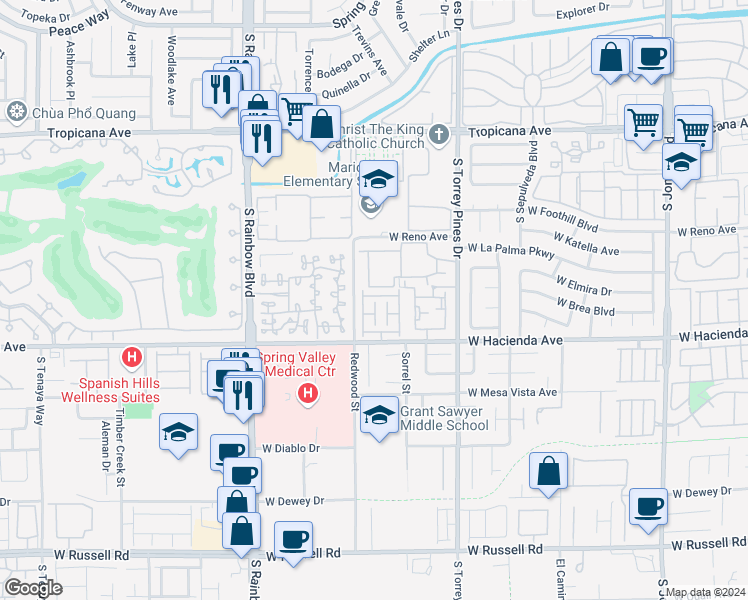 map of restaurants, bars, coffee shops, grocery stores, and more near 6675 Whistling Swan Way in Las Vegas