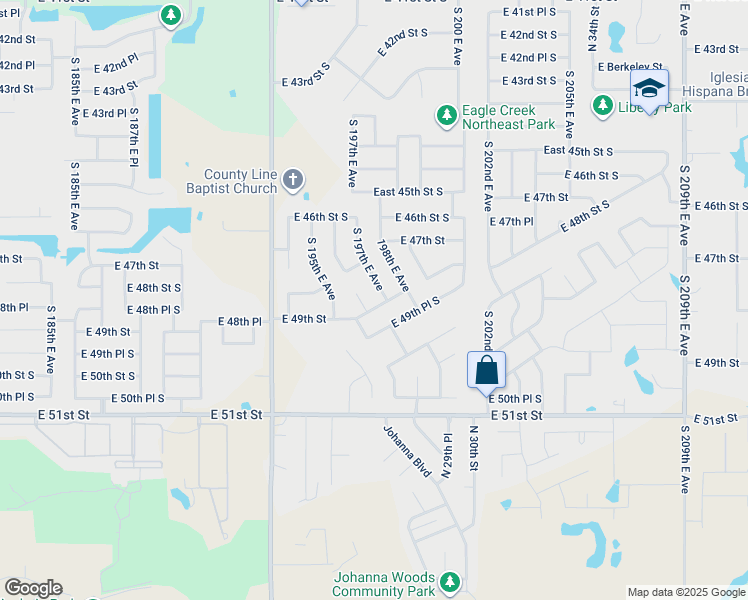 map of restaurants, bars, coffee shops, grocery stores, and more near 19619 East 49th Street South in Broken Arrow