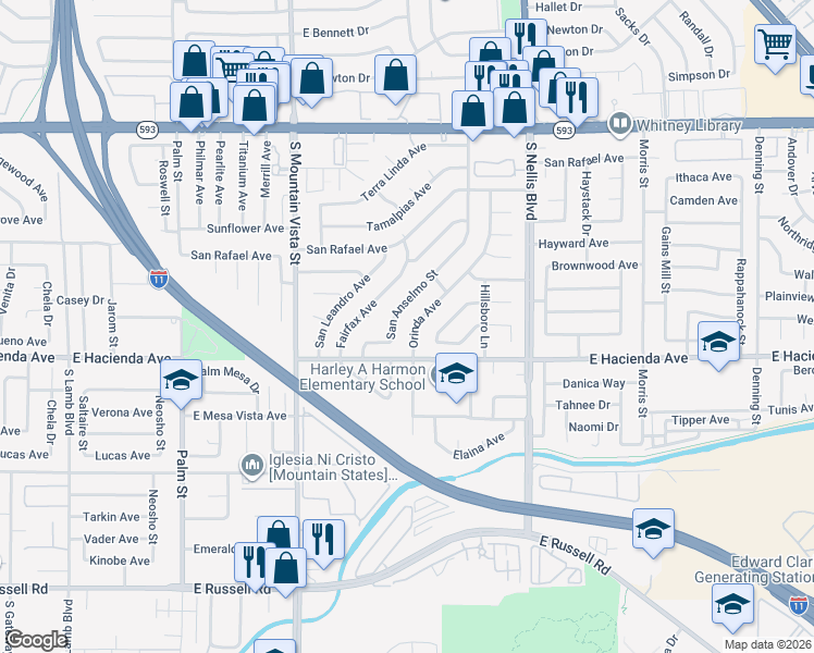 map of restaurants, bars, coffee shops, grocery stores, and more near 5243 Orinda Avenue in Las Vegas