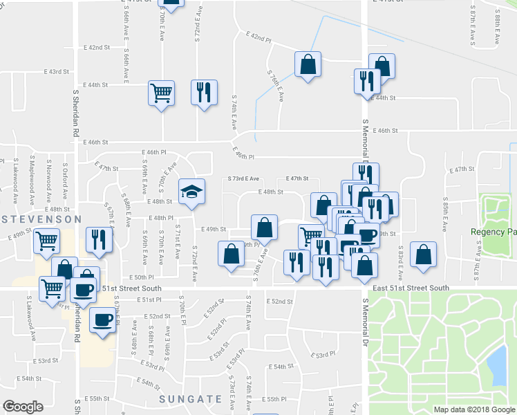 map of restaurants, bars, coffee shops, grocery stores, and more near 7482 East 48th Street in Tulsa
