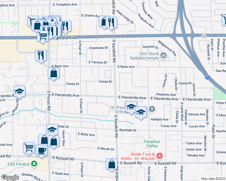 map of restaurants, bars, coffee shops, grocery stores, and more near 5255 South Sandhill Road in Las Vegas