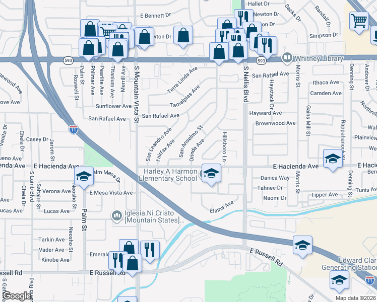 map of restaurants, bars, coffee shops, grocery stores, and more near 5243 Orinda Avenue in Las Vegas