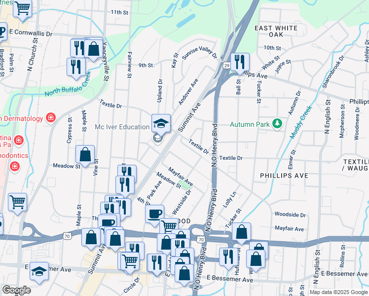 map of restaurants, bars, coffee shops, grocery stores, and more near 1819 Gatewood Avenue in Greensboro
