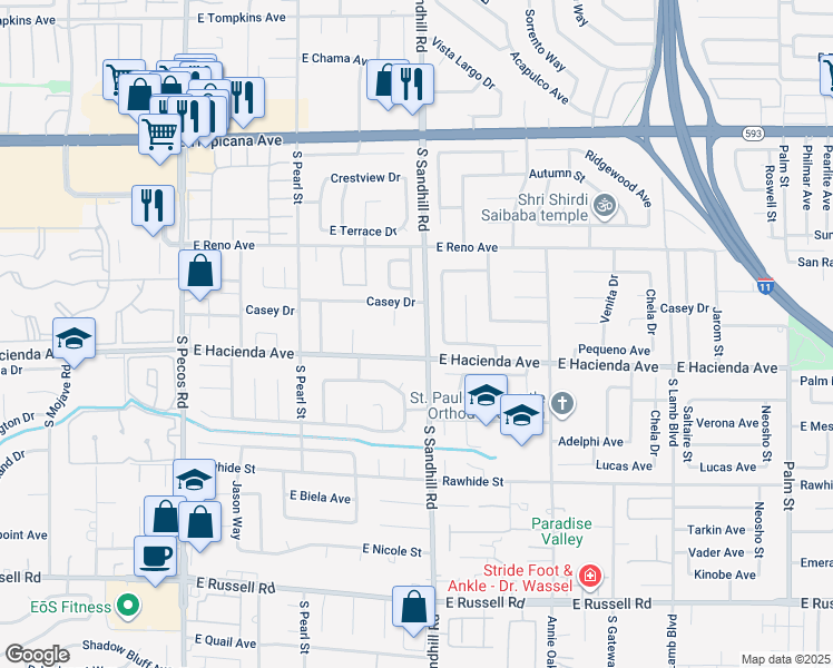 map of restaurants, bars, coffee shops, grocery stores, and more near 5255 South Sandhill Road in Las Vegas