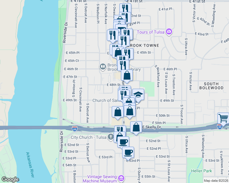 map of restaurants, bars, coffee shops, grocery stores, and more near 4804 South Owasso Avenue in Tulsa
