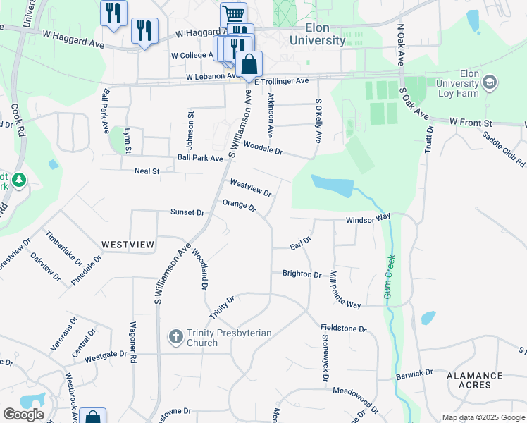 map of restaurants, bars, coffee shops, grocery stores, and more near 133 Orange Drive in Elon