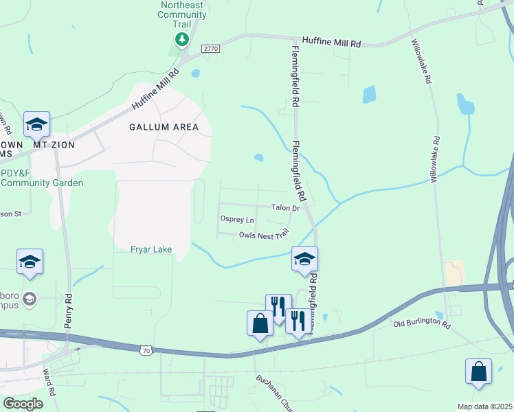map of restaurants, bars, coffee shops, grocery stores, and more near Griffin Street in Guilford County