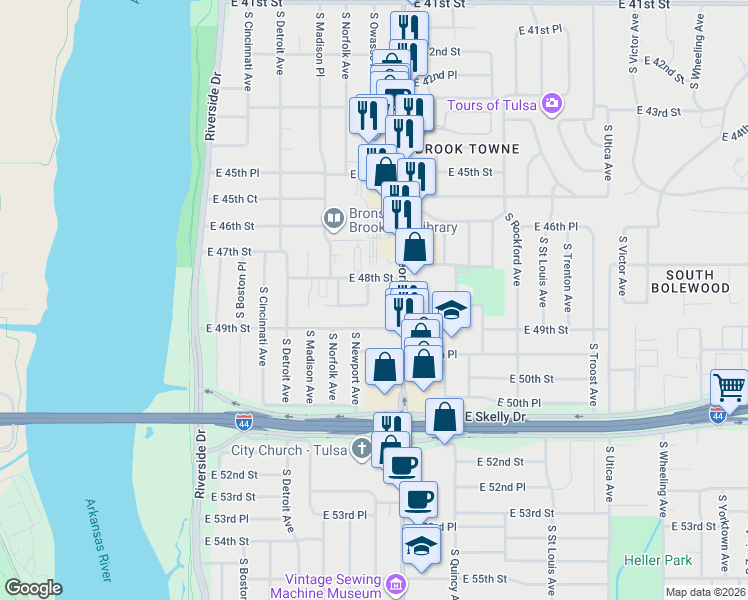 map of restaurants, bars, coffee shops, grocery stores, and more near 4804 South Owasso Avenue in Tulsa