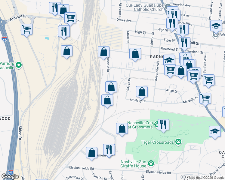 map of restaurants, bars, coffee shops, grocery stores, and more near 3640 Trousdale Drive in Nashville
