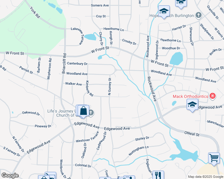 map of restaurants, bars, coffee shops, grocery stores, and more near 813 North Gurney Street in Burlington