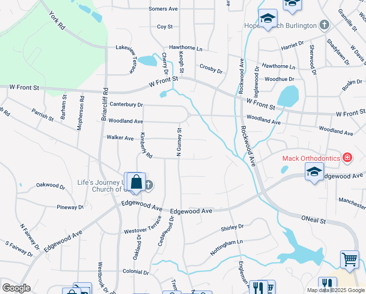 map of restaurants, bars, coffee shops, grocery stores, and more near 813 North Gurney Street in Burlington