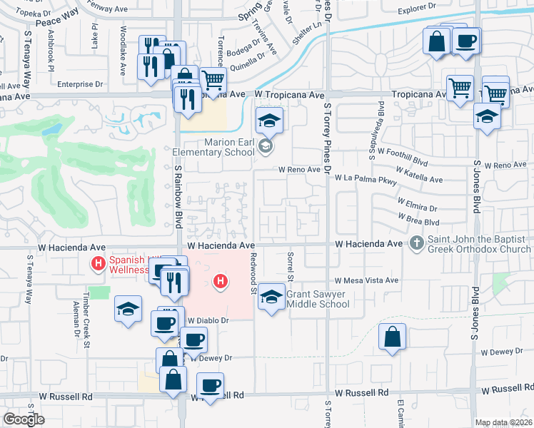 map of restaurants, bars, coffee shops, grocery stores, and more near 6675 Whistling Swan Way in Las Vegas