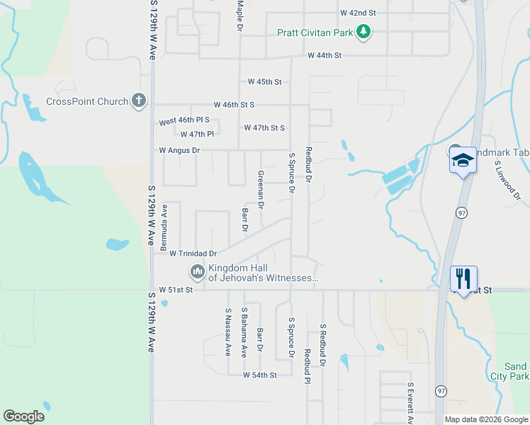 map of restaurants, bars, coffee shops, grocery stores, and more near 501 Barr Drive in Sand Springs
