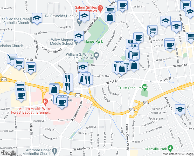 map of restaurants, bars, coffee shops, grocery stores, and more near 1316 Forsyth Street Northwest in Winston-Salem