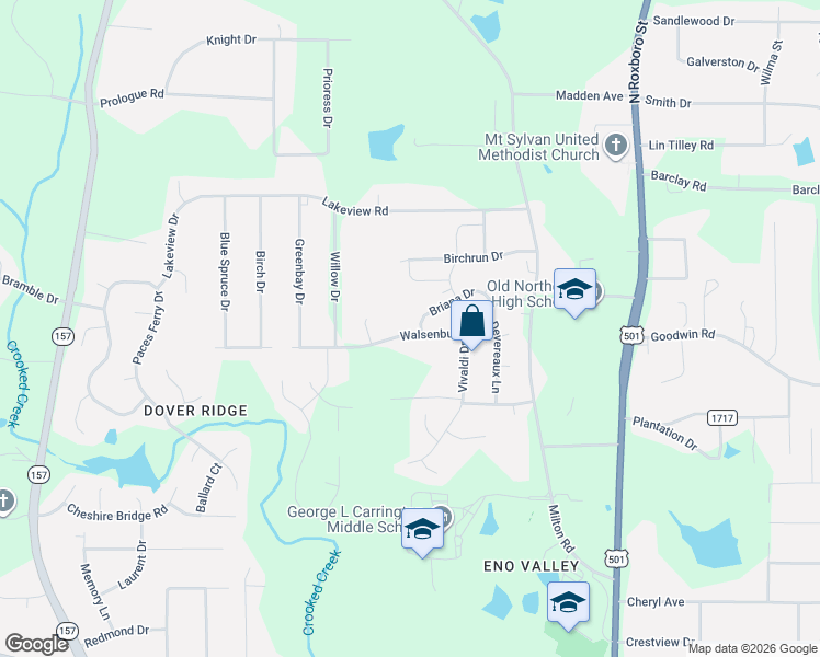 map of restaurants, bars, coffee shops, grocery stores, and more near 442 Walsenburg Drive in Durham