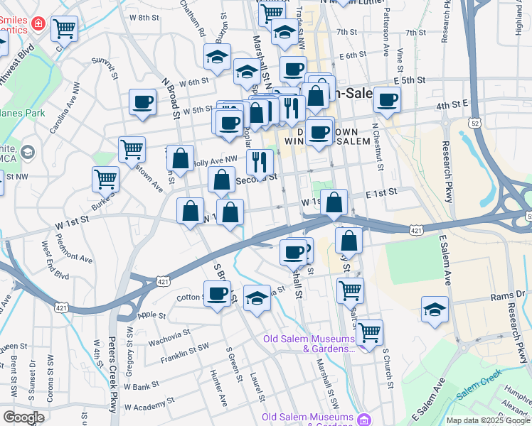 map of restaurants, bars, coffee shops, grocery stores, and more near 102 North Spruce Street in Winston-Salem