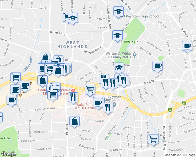 map of restaurants, bars, coffee shops, grocery stores, and more near 1604 Lynwood Avenue in Winston-Salem