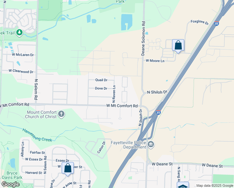 map of restaurants, bars, coffee shops, grocery stores, and more near 2338 North Raven Lane in Fayetteville