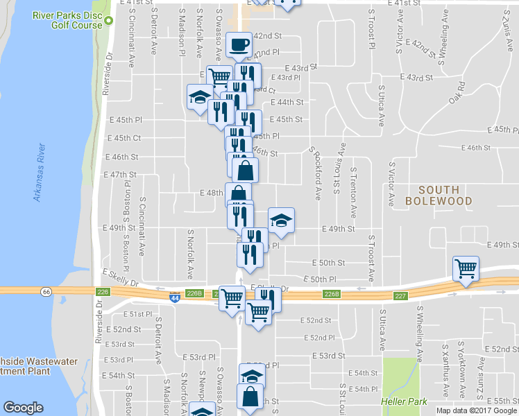 map of restaurants, bars, coffee shops, grocery stores, and more near 1340 East 48th Place in Tulsa