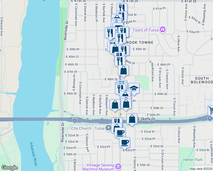 map of restaurants, bars, coffee shops, grocery stores, and more near 4804 South Owasso Avenue in Tulsa
