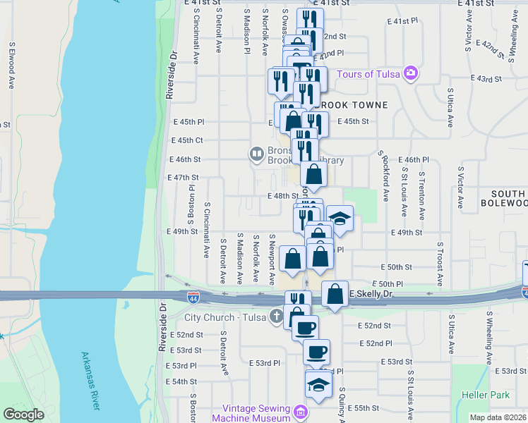 map of restaurants, bars, coffee shops, grocery stores, and more near 4806 South Norfolk Avenue in Tulsa