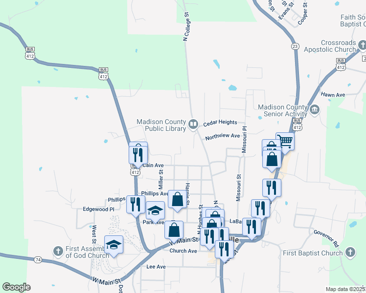 map of restaurants, bars, coffee shops, grocery stores, and more near 740 Polk Street in Huntsville