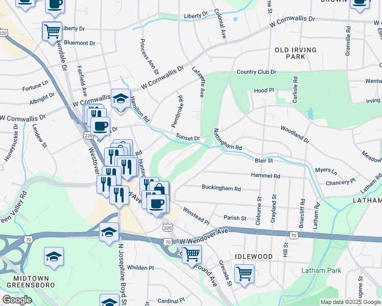 map of restaurants, bars, coffee shops, grocery stores, and more near 1914 Lafayette Avenue in Greensboro