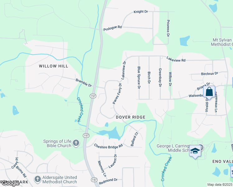map of restaurants, bars, coffee shops, grocery stores, and more near 5106 Paces Ferry Drive in Durham
