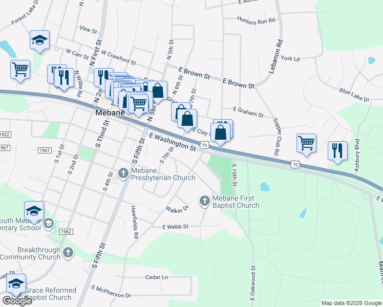 map of restaurants, bars, coffee shops, grocery stores, and more near 305 East Washington Street in Mebane
