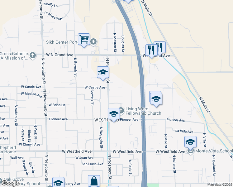 map of restaurants, bars, coffee shops, grocery stores, and more near 1556 North Prospect Street in Porterville