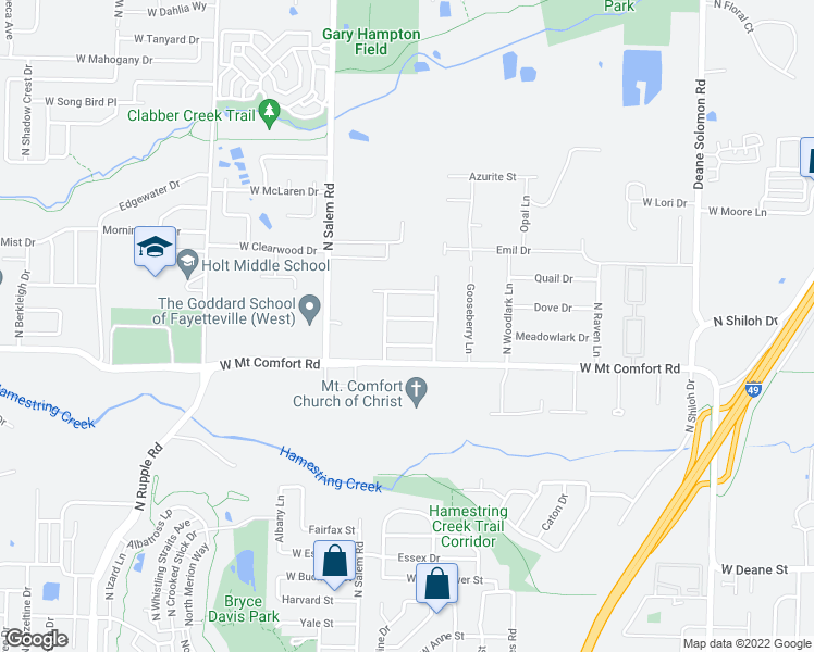 map of restaurants, bars, coffee shops, grocery stores, and more near 3219 West Thornebrook Street in Fayetteville