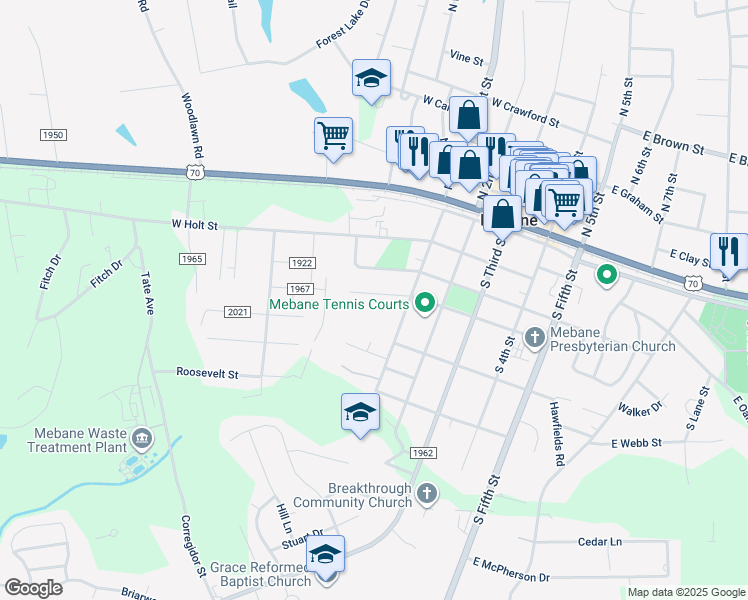 map of restaurants, bars, coffee shops, grocery stores, and more near 411 West Lee Street in Mebane