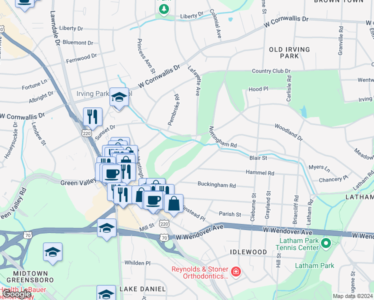 map of restaurants, bars, coffee shops, grocery stores, and more near 1914 Lafayette Avenue in Greensboro