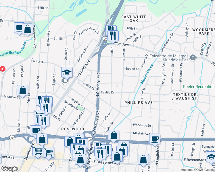 map of restaurants, bars, coffee shops, grocery stores, and more near 1525 Ridgewood Avenue in Greensboro